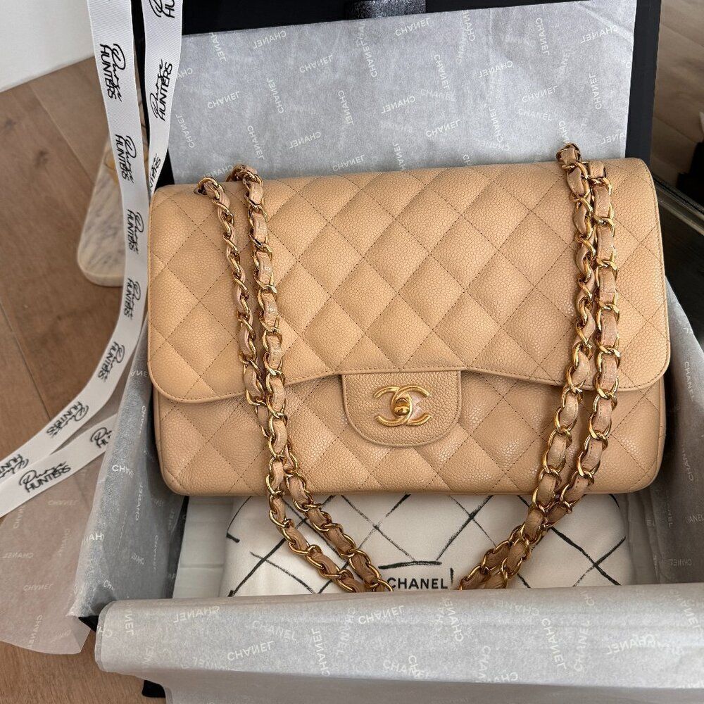 100% Authentic CHANEL Jumbo Double Flap Clair Beige Caviar Lambskin GHW